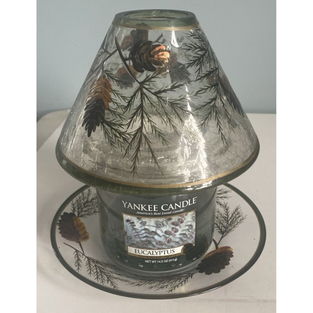 Yankee Candle Crackled Glass Pine Cone Shade Plate w used eucalyptus candle